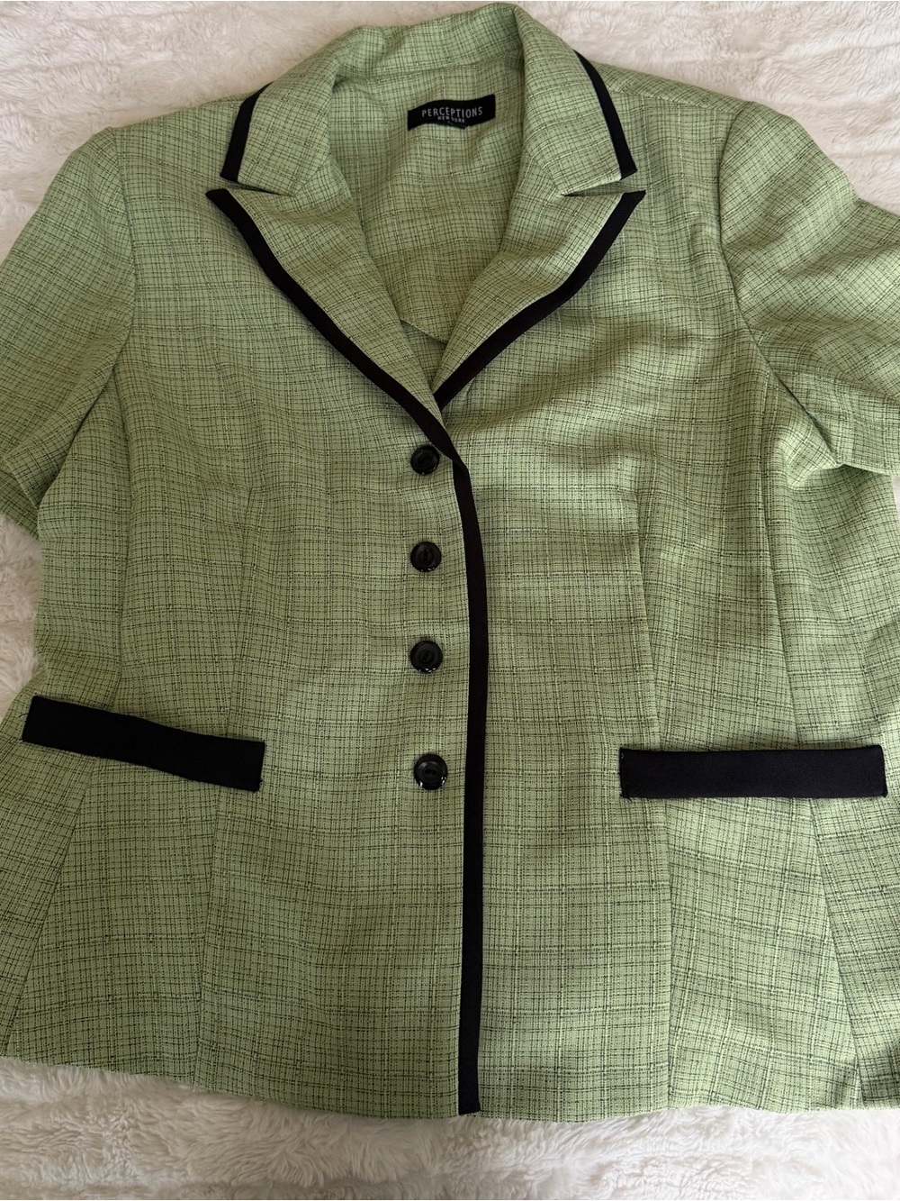 Perceptions Light Green Short Blazer with Black Trim